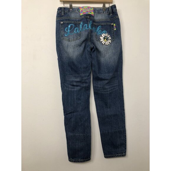 Lala Bobo Womens 27x29 Blue Denim Jeans Polka Dots Tapered Leg Loud Fun - Picture 3 of 8